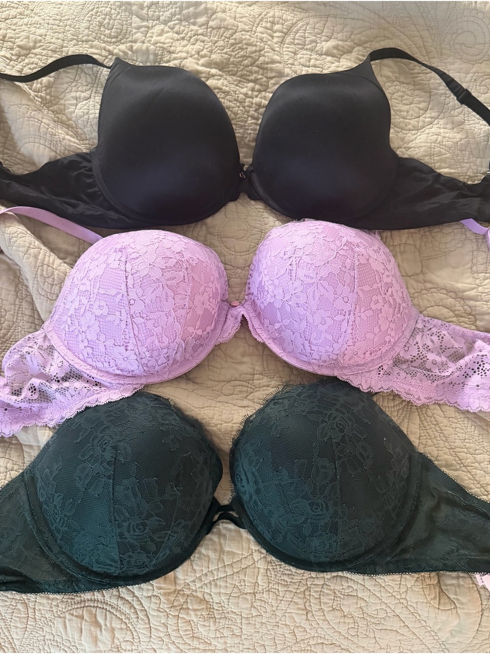 Victoria's Secret Black, Lavender & Dark Green Lace Bras 36DDD